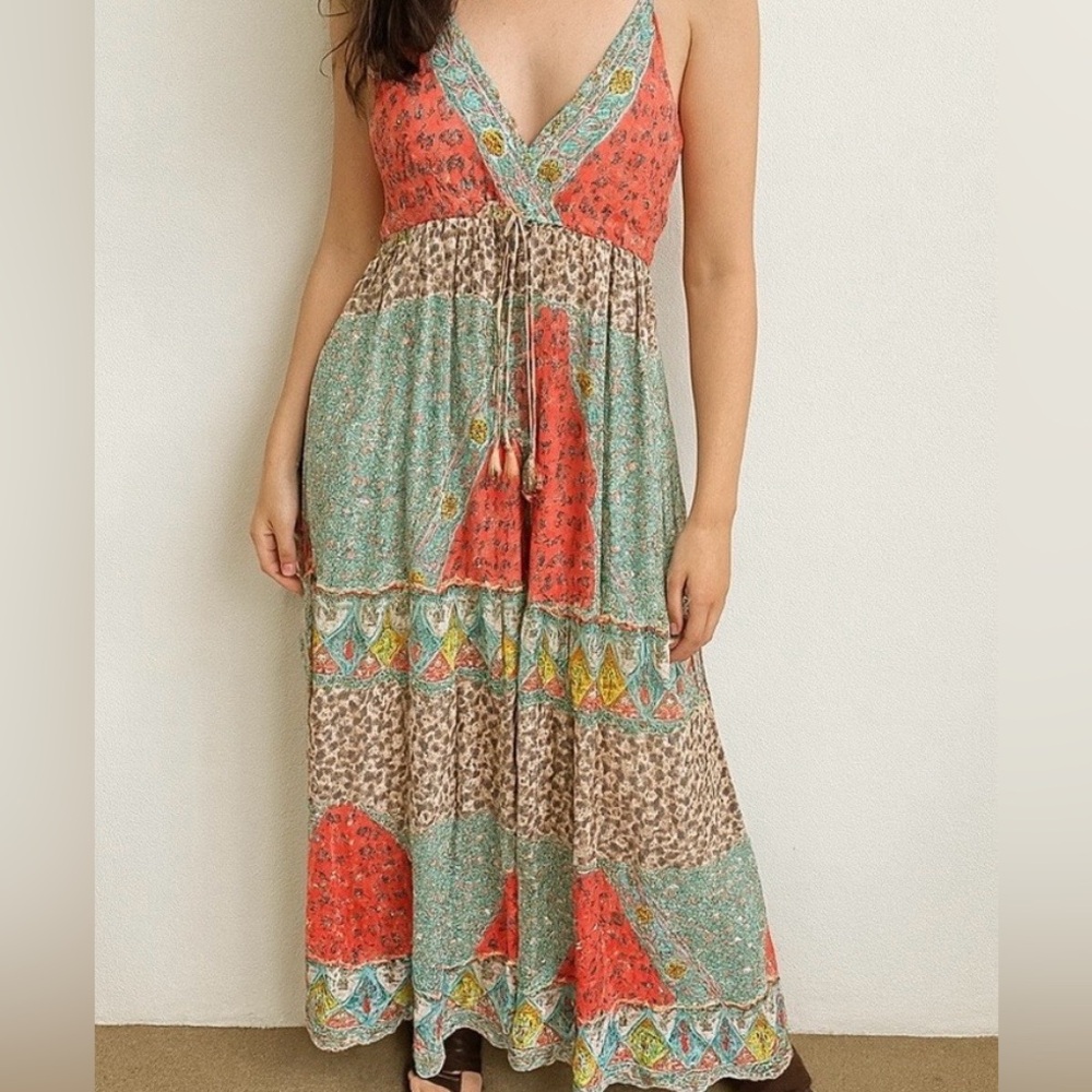Z&L Maxi Dress Women’s Med Boho Paisley Print Tiered V-Neck Coral/Teal - Picture 4 of 4